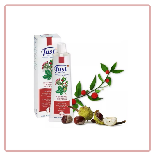 Just Vein Gel with horse chestnut butchers broom and antennaria supports blood circulation and vein health