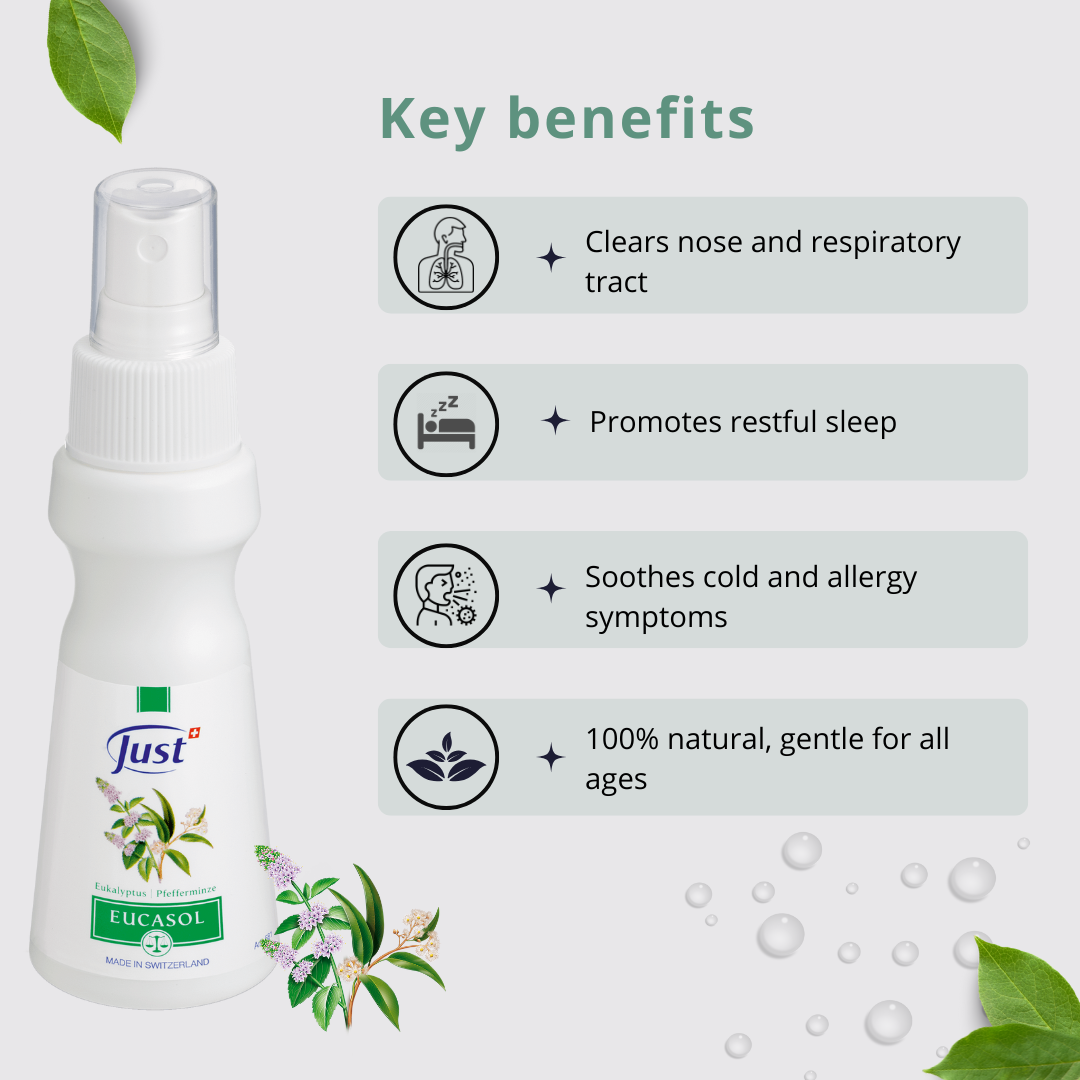 Key benefits of Eucasol Herbal Spray clears airways reduces bacteria and refreshes air