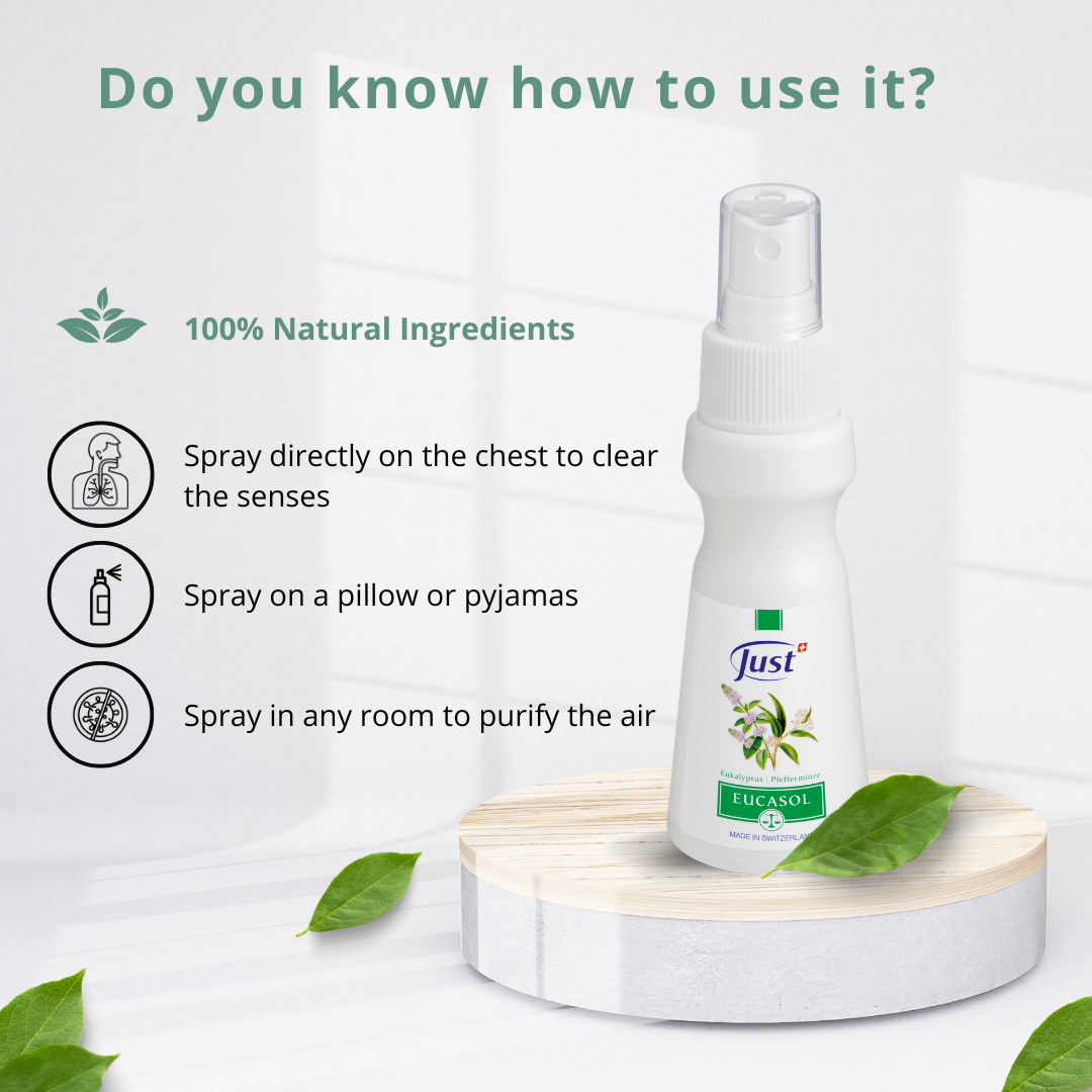 How to use Eucasol Herbal Spray spray on tissue pillow or in room for easy breathing
