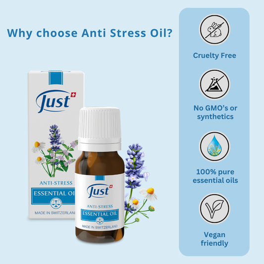 Why choose Anti-Stress Essential Oil Swiss made pure essential oil blend for body and mind harmony cruelty free and 100 percent pure essential oil