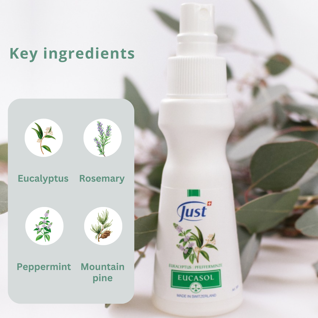 Eucasol Herbal Spray ingredients include eucalyptus camphor mountain pine rosemary and menthol peppermint